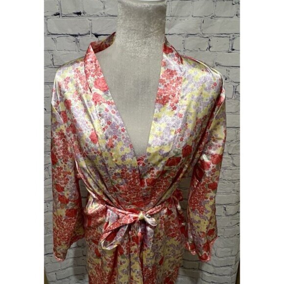 Adonna Vintage Satin Nightgown & Robe Pink Floral Silky Belted Size Large - Picture 13 of 16